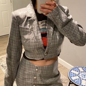 Nazanine Blazer in Grey Plaid Cropped Blazer Jacket Sequin Jacket Long Sleeves